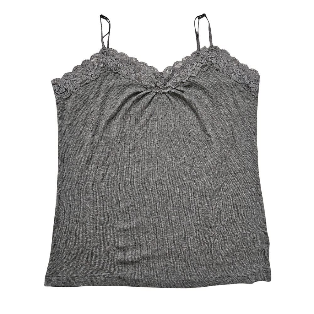 Camisole Women 2X Gray Lace Trim Ribbed Stretch Tank Top Minimalist‎ Basic